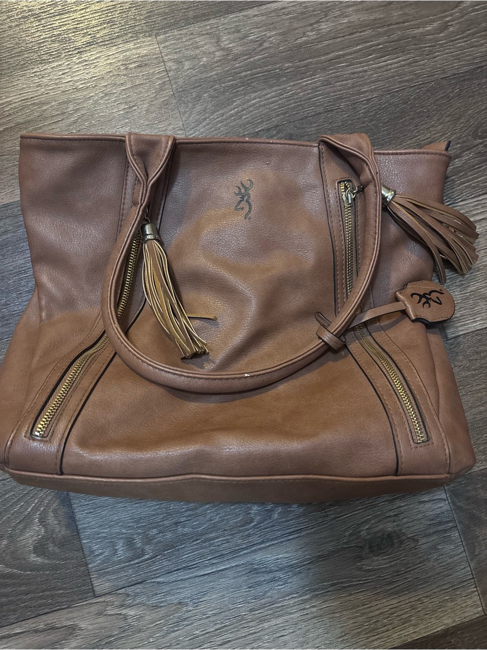 Leather Tote Bag with Tassel Details in Brown